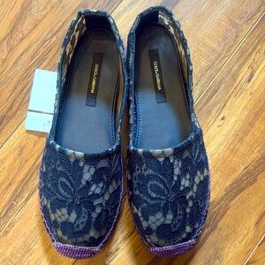 Dolce Gabbana Embellished Lace Espadrilles Mule Sandal Shoes 37 navy/purple NEW